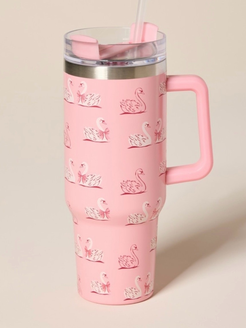 NWT Francesca’s Pink Swan Travel Tumbler with Handle 40 oz